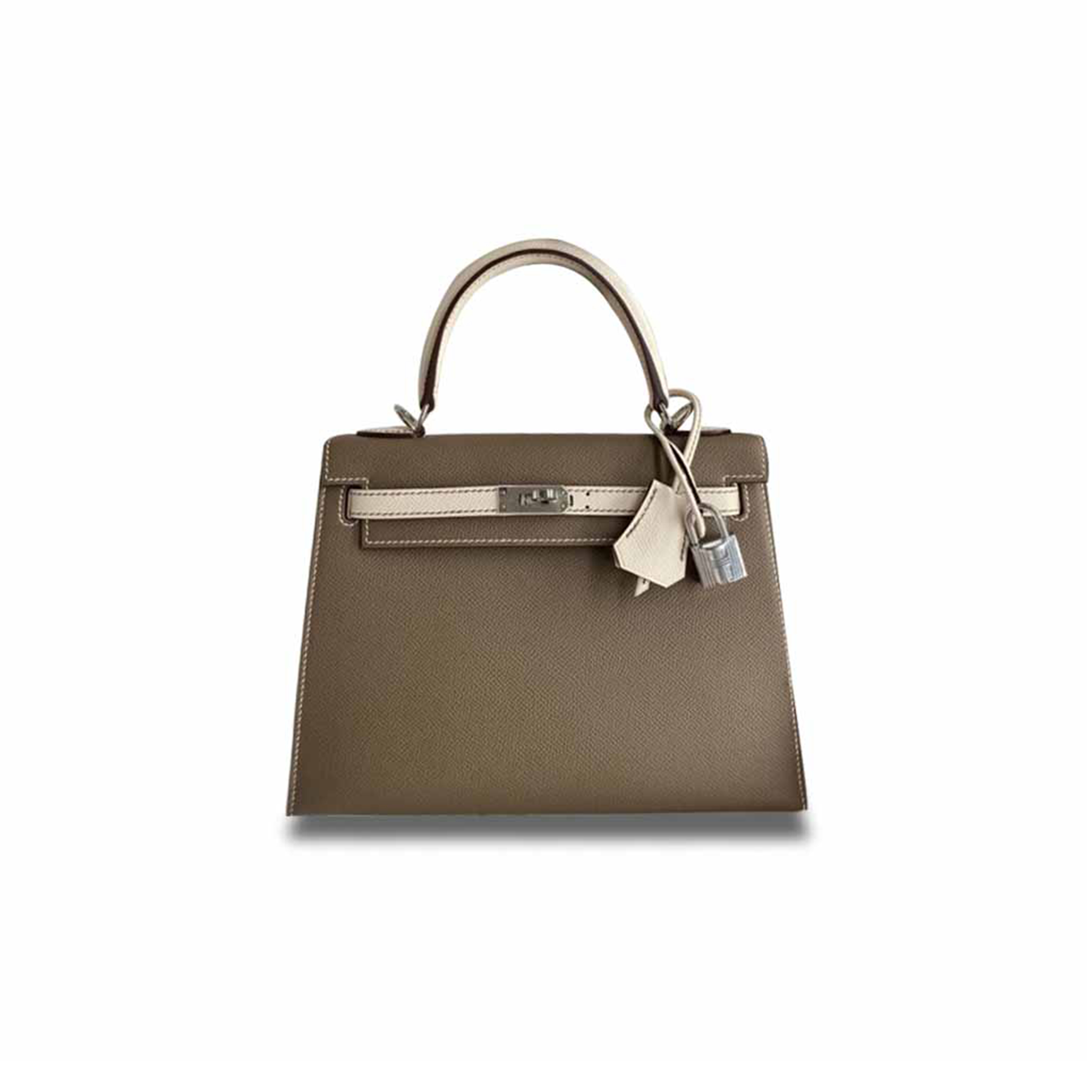 HERMÈS KELLY 25 EPSOM MILKSHAKE WHITE WITH PEWTER GRAY SILVER BUCKLE (25*17*7cm) 